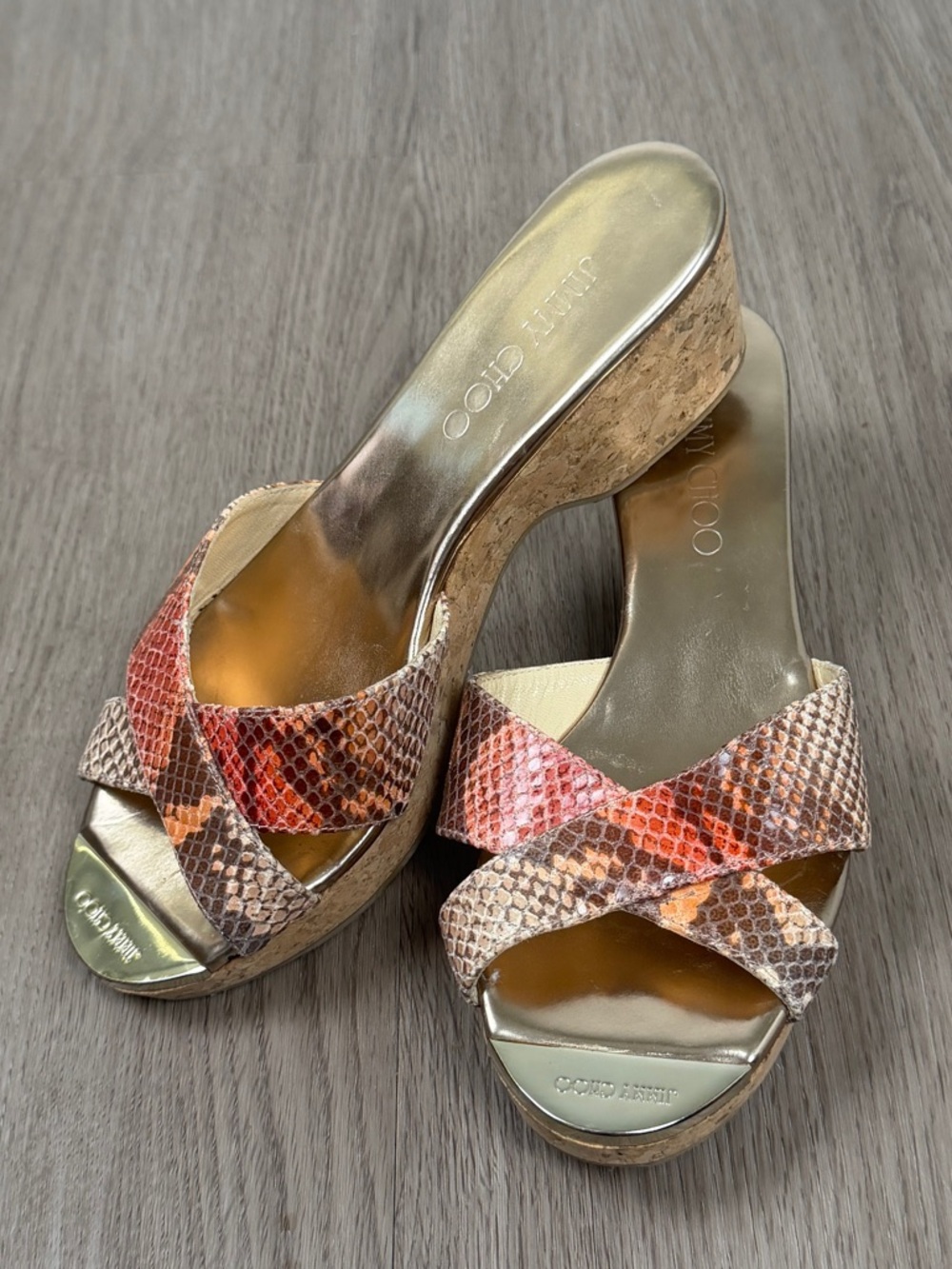 Jimmy Choo Prima Snakeskin Pink & Orange Cork Platform Sandals Size 37.5